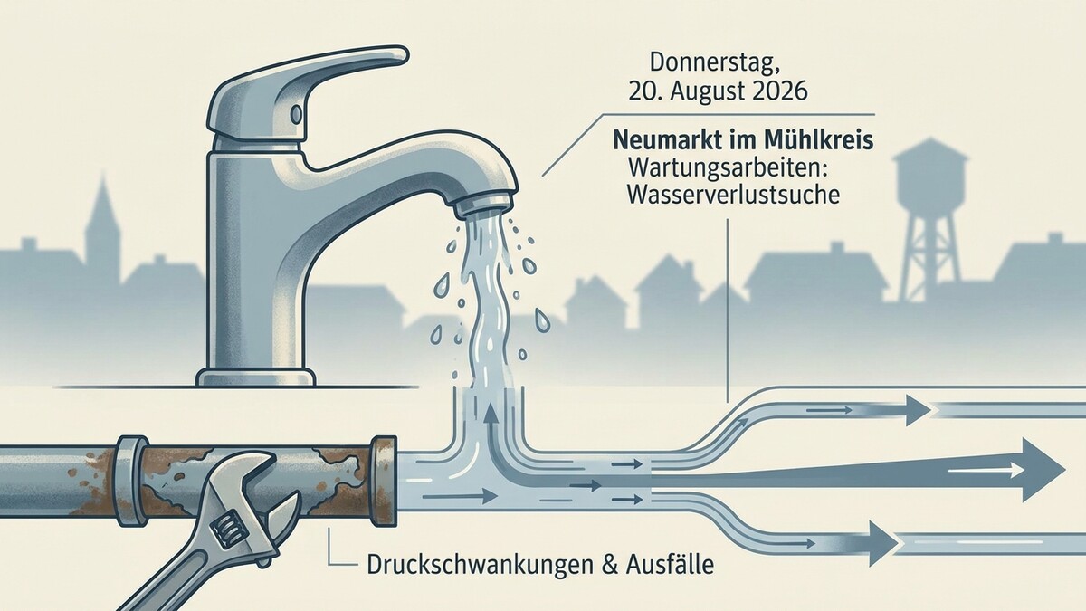 Wasserhahn und Rohre mit Schraubenschlüssel, Neumarkt im Mühlkreis, Wartungsarbeiten, Wasserverlustsuche