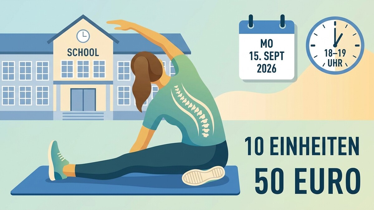 Schule mit Gymnastikübung vor der Fassade, Kalender und Uhr mit Angebot 10 Einheiten 50 Euro