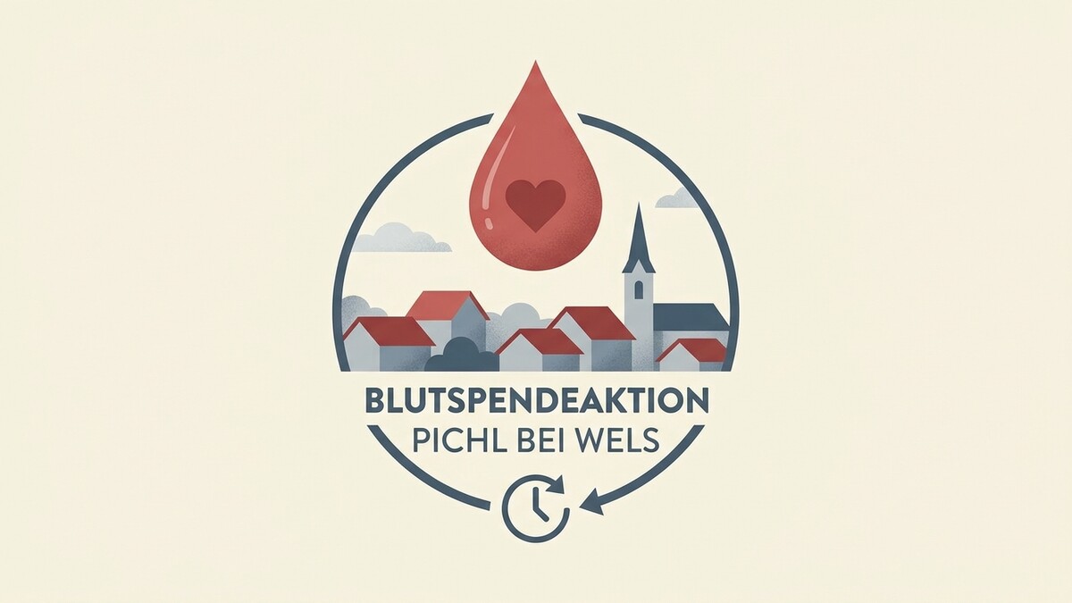 Blutspendeaktion Pichl bei Wels: Tropfen mit Herz über Ortschaft