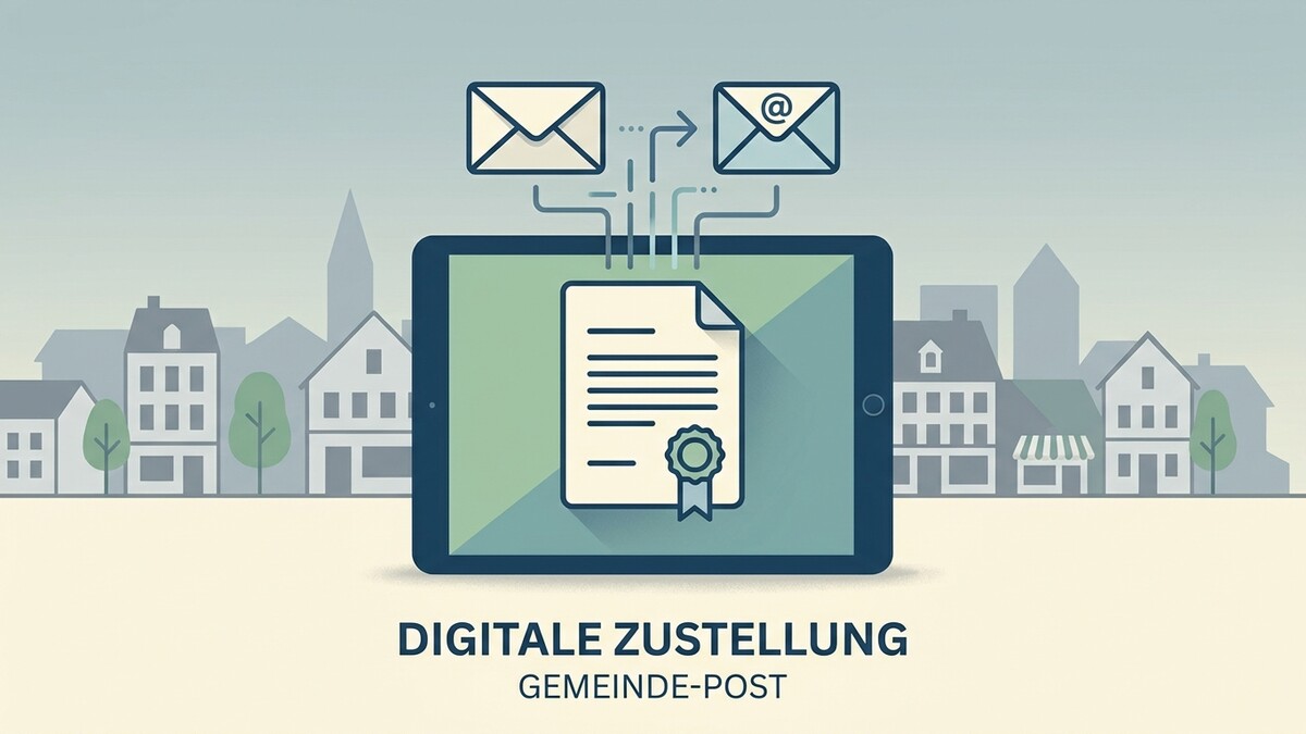 Digitale Zustellung Gemeinde-Post: Tablet mit Dokument und Siegel, Briefumschläge, stilisierte Häuserfront