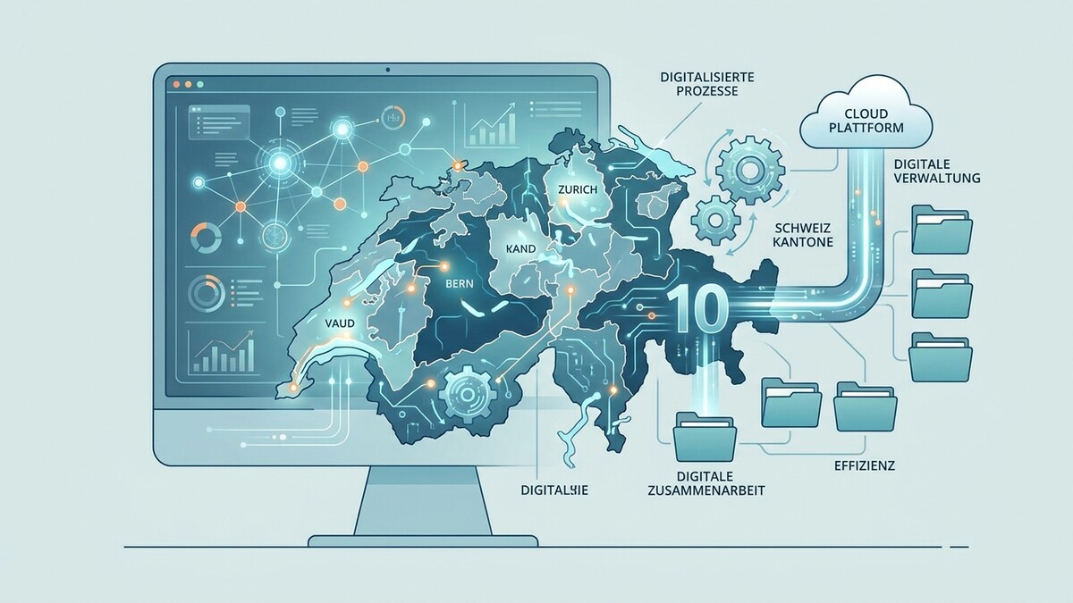 Schweiz Kantone digitalisiert auf Computermonitor mit Cloud-Plattform und Ordnern.