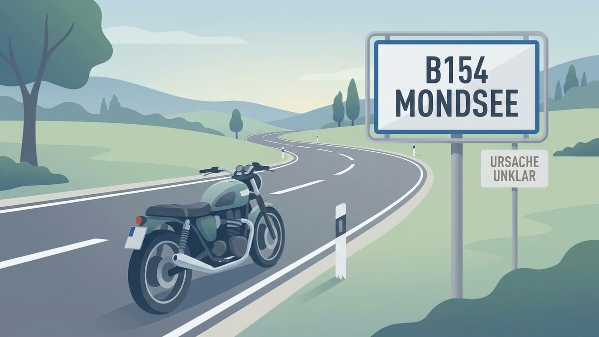 Motorrad vor Ortstafel B154 Mondsee im Salzkammergut, Österreich