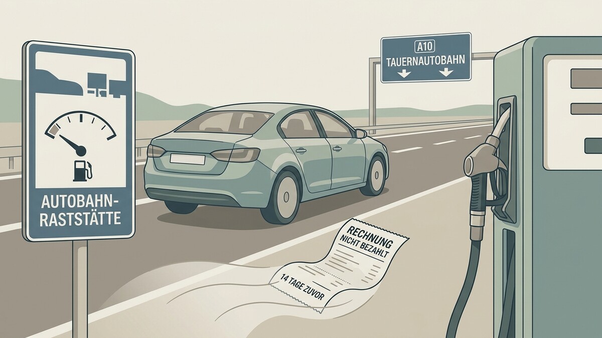 Autobahnraststätte Schild mit Tanknadel, Auto, Zapfsäule und nicht bezahlter Rechnung auf Tauernautobahn
