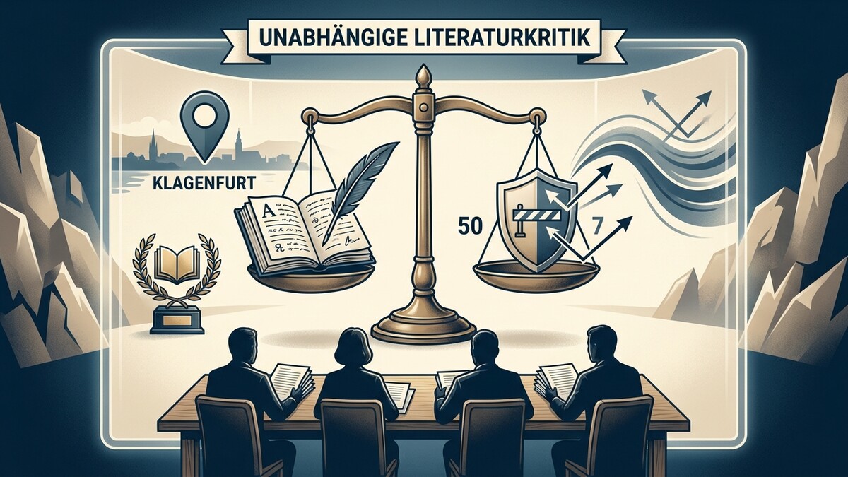 Klagenfurt: Waage mit Buch und Feder gegen Schild mit Pfeilen, vier Personen sitzen am Tisch