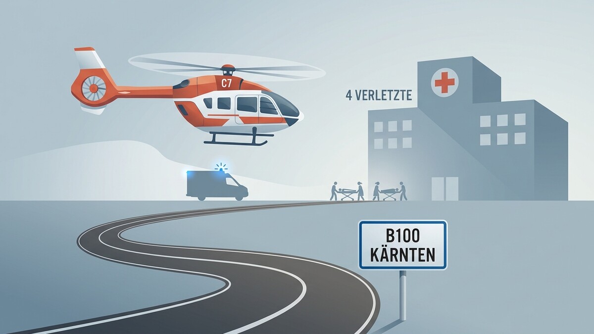Rettungshubschrauber und Krankenwagen bei Spital in Kärnten, vier Verletzte werden versorgt.