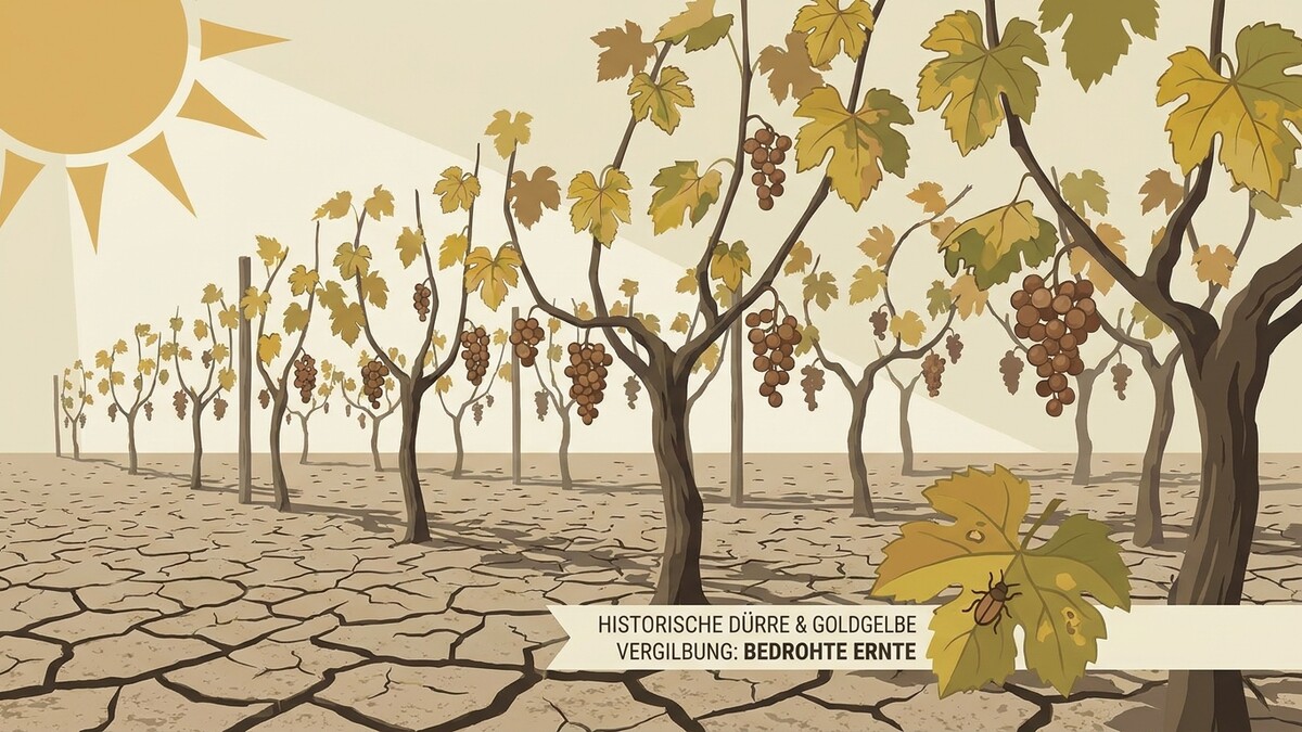 Weinreben in ausgedörrtem, rissigem Boden unter strahlender Sonne, bedrohte Ernte.