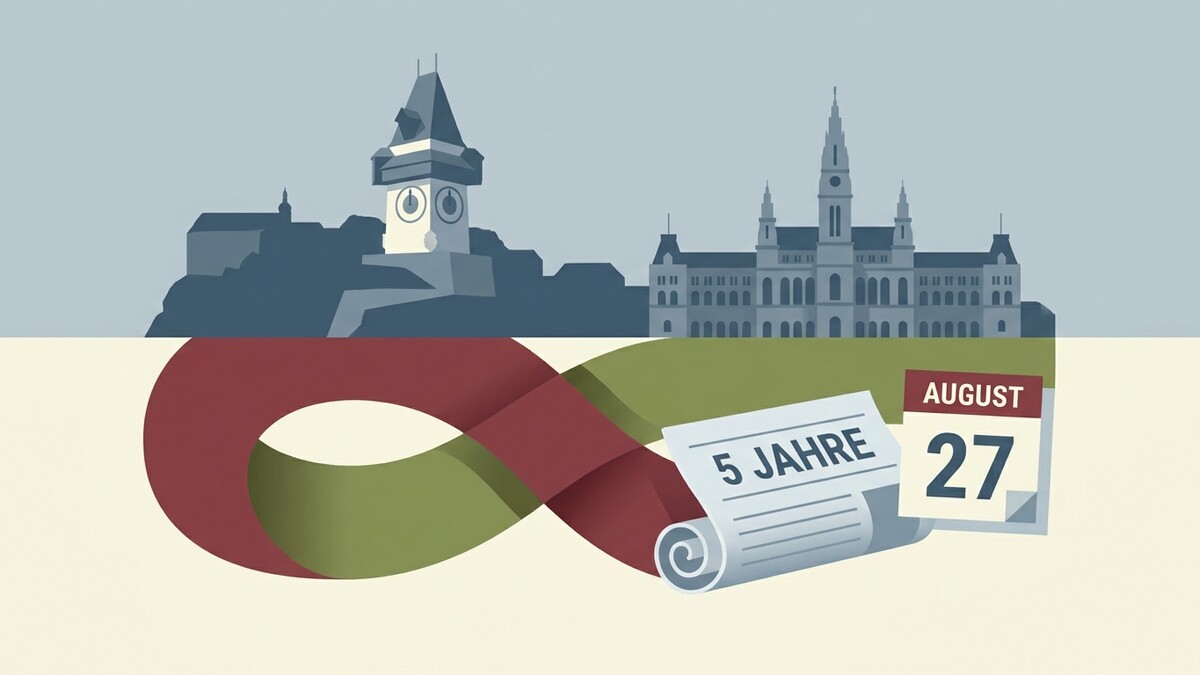 5 Jahre Jubiläum mit Kalenderblatt 27. August und Rathaus-Skyline Wien