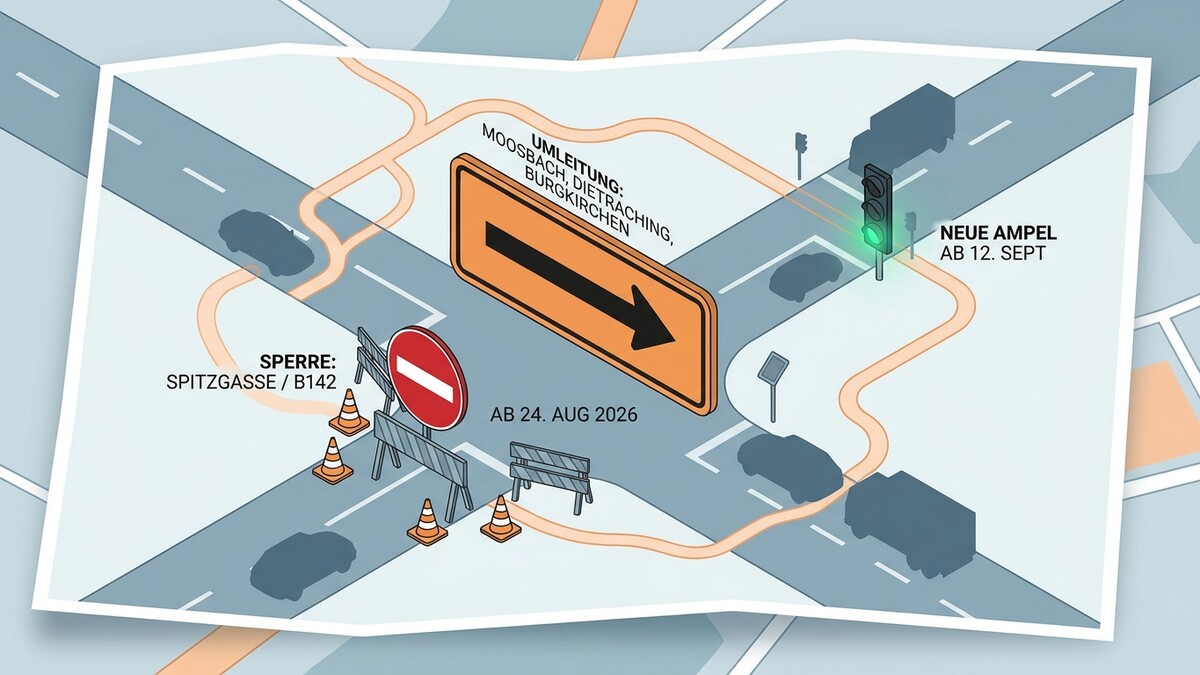 Umleitung Moosbach/Dietraching/Burgkirchen: Sperre Spitzgasse/B142 ab 24. Aug. 2026