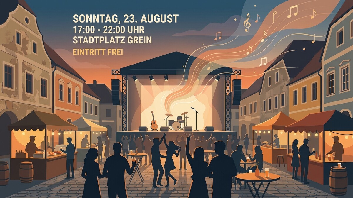 Konzert am Stadtplatz Grein mit Musikern, Bühne und Besuchern