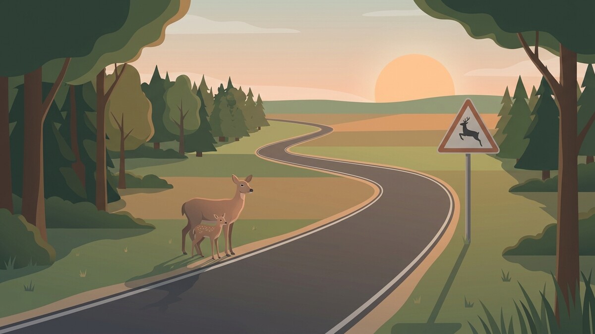 Reh mit Kalb am Straßenrand bei Sonnenuntergang, Warnschild mit Reh