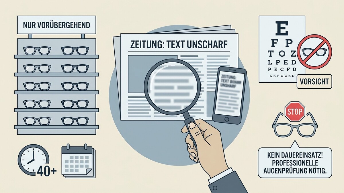 Sehtest-Darstellung mit Brillen, Lupe, Zeitung und Smartphone.