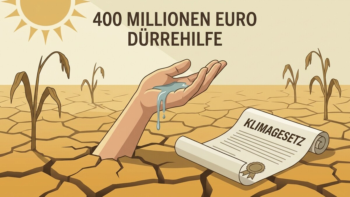 Dürrehilfe: Hand mit Wasser im ausgetrockneten Land neben Klimagesetz-Dokument