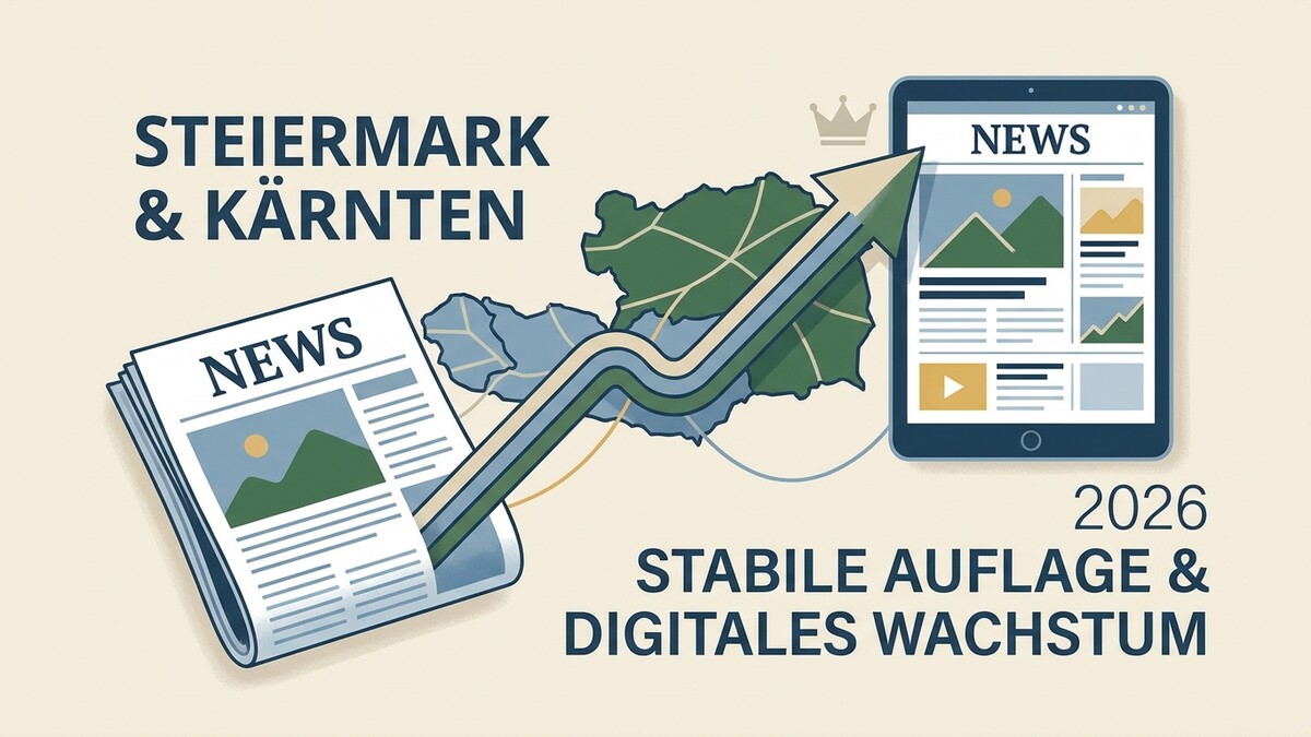 Steiermark & Kärnten: Zeitung und Tablet mit News, Pfeil über Österreich, 2026, stabile Auflage & digitales Wachstum