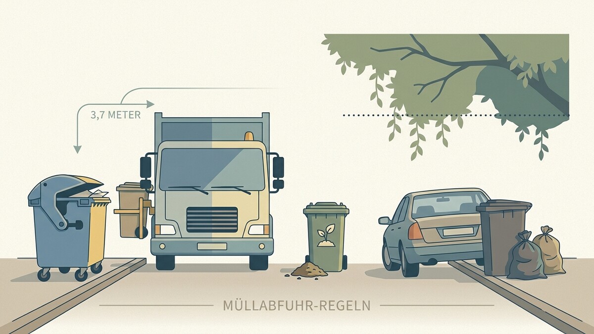 Müllabfuhr-Regeln: Müllwagen mit Mülltonnen, daneben ein Auto mit Müllcontainer und Säcken.
