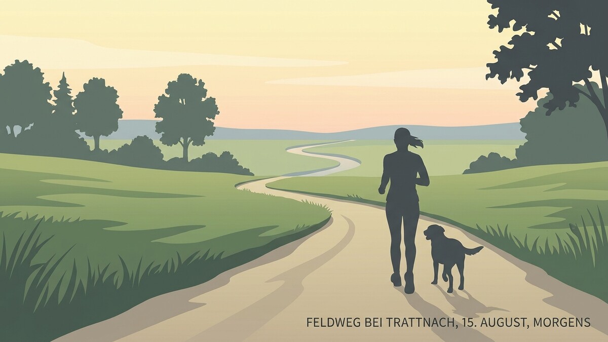 Feldweg bei Trattnach mit Läuferin und Hund am Morgen im Sommer
