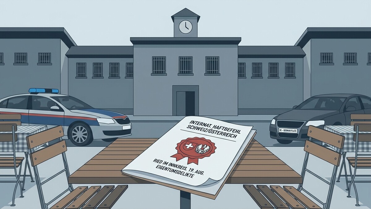Haftbefehl Schweiz/Österreich liegt auf Tisch vor Gefängnis mit Polizeiauto und Pkw