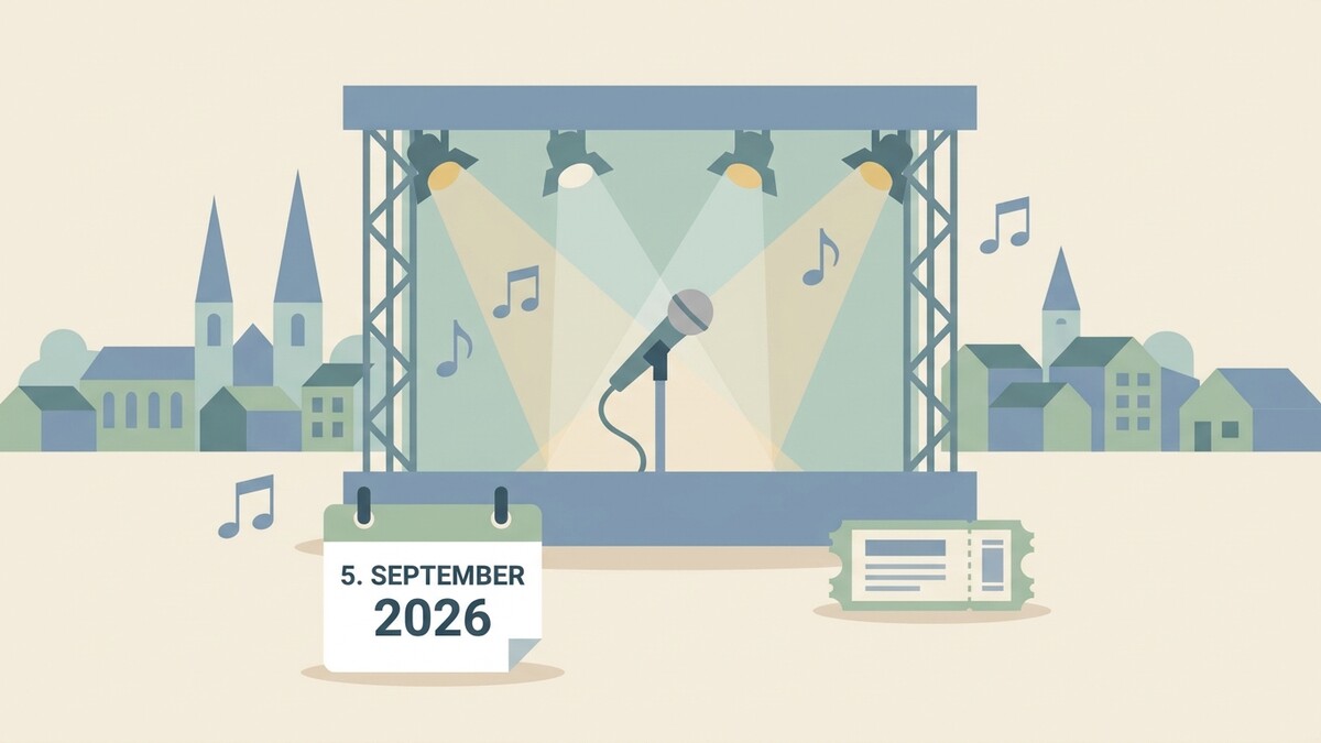 Konzertbühne mit Mikrofon und Kalender 5. September 2026 vor Stadtkulisse