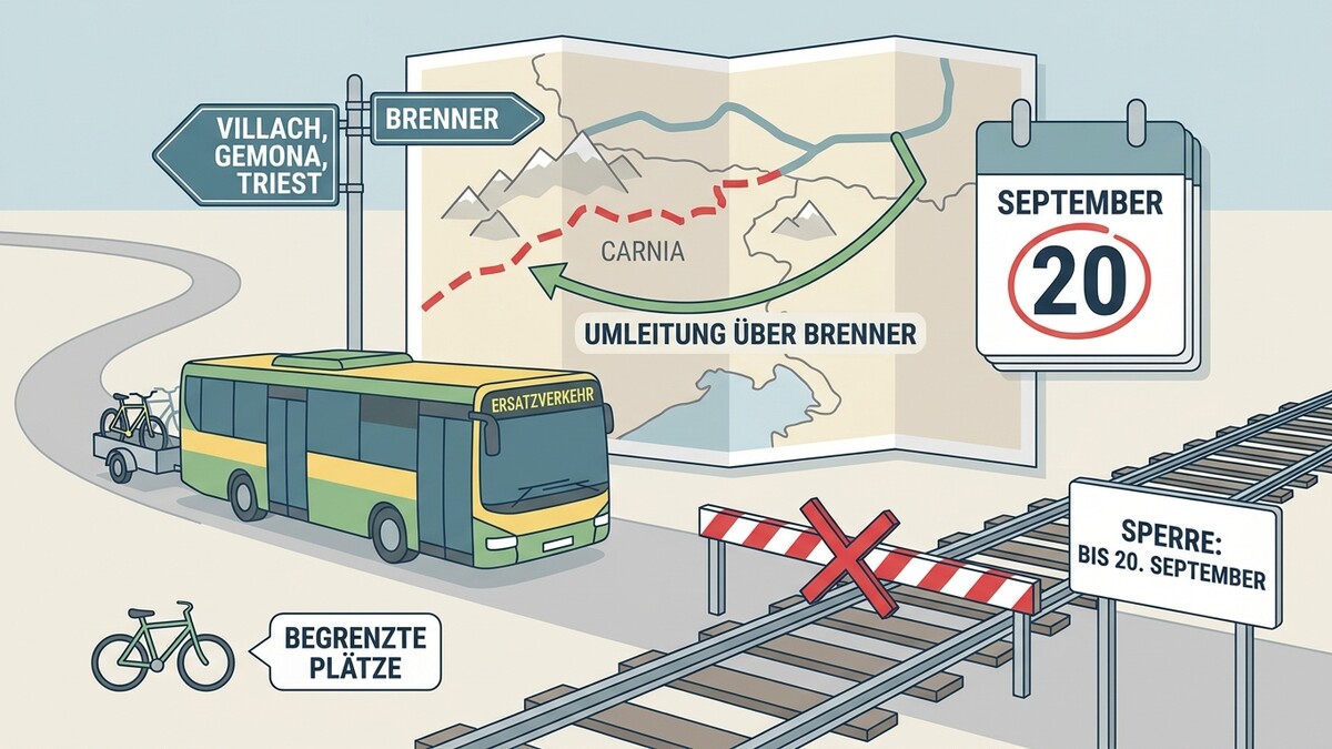 Ersatzverkehr-Bus mit Fahrrädern und Gleissperre bei Carnia, Umleitung über Brenner bis 20. September