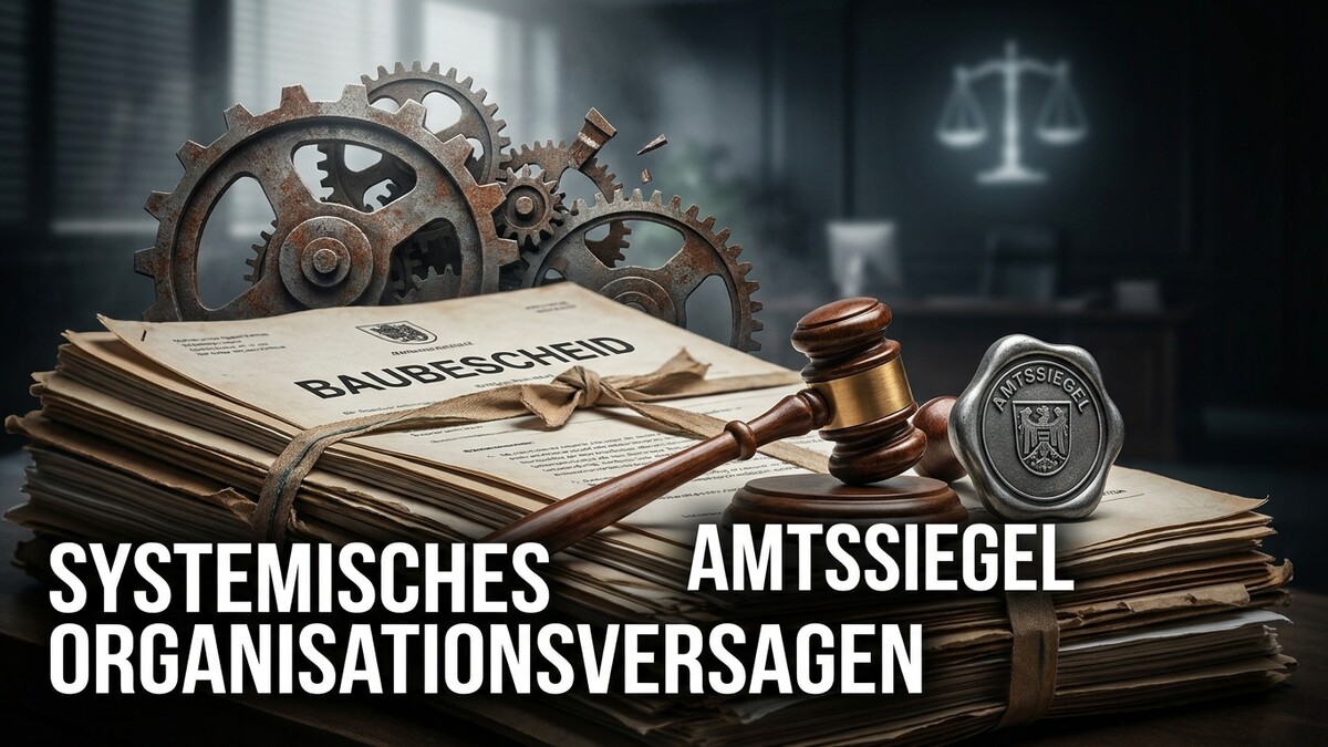 Amtsgericht: Baugesuche, Richterhammer, Zahnräder und Siegel mit Adler, Justitiawaage