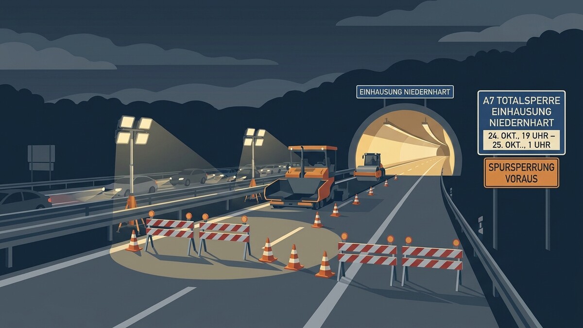 Einhausung Niedernhart A7: Baustelle mit Asphaltwalzen, Sperrgittern und Warnkegeln