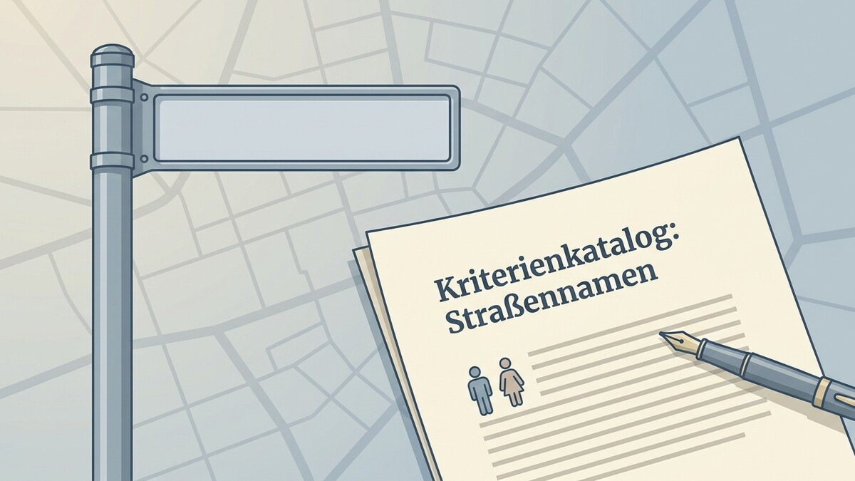 Straßennamen-Kriterienkatalog mit Strichmännchen und Füllfederhalter auf Stadtplan