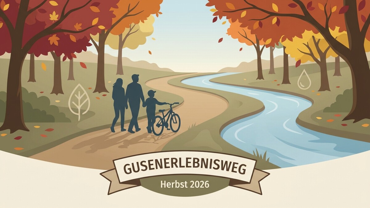 Gusenerlebnisweg Herbst 2026: Familie geht spazieren mit Kind und Fahrrad an Flussufer mit Bäumen.