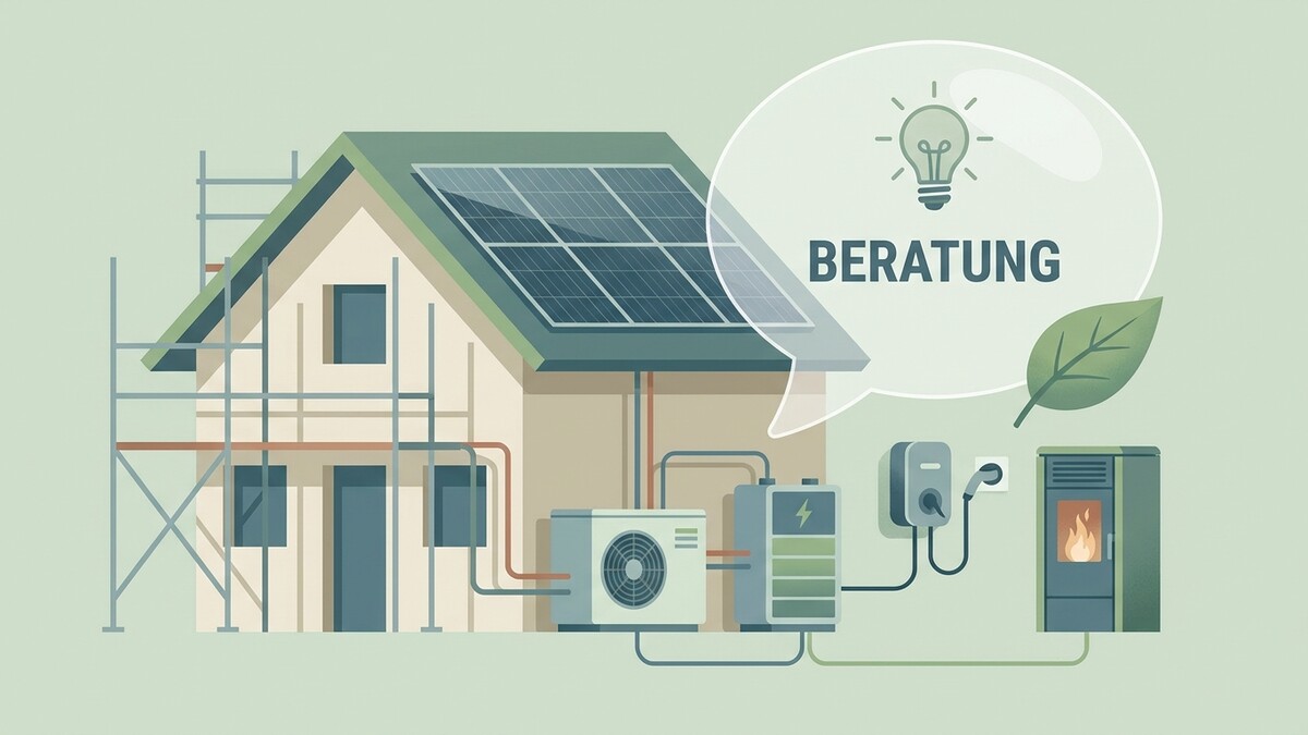 Beratung für Energieeffizienz: Haus mit Solaranlage, Wärmepumpe und Pelletöfen