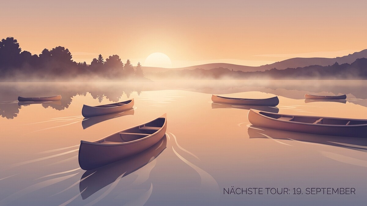Kanus auf einem nebligen See bei Sonnenaufgang im Abendrot
