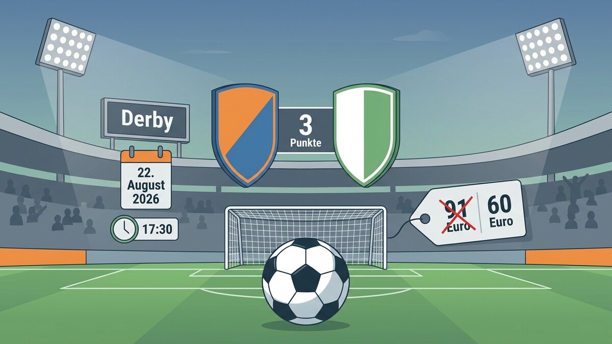 Fußball-Derby am 22. August 2026 mit 3 Punkten und reduzierten Ticketpreisen von 91 auf 60 Euro.