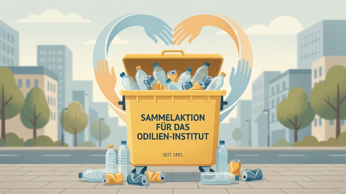 Sammelaktion Odilien-Institut: Gelber Container gefüllt mit Plastikflaschen und Dosen, vor städtischer Kulisse
