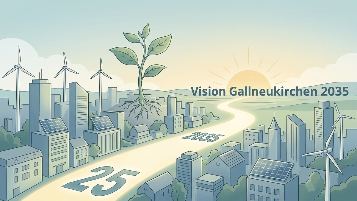Vision Gallneukirchen 2035: Stadtbild mit Windrädern, Solaranlagen und aufstrebendem Baum