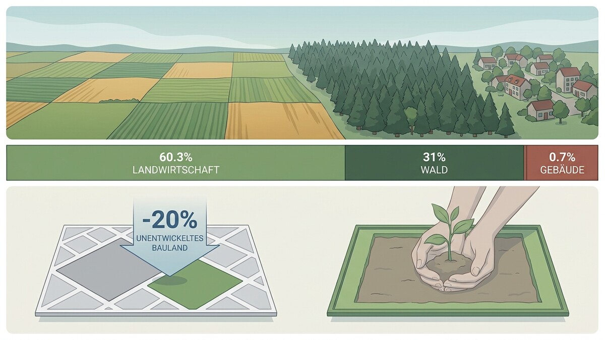 Landwirtschaft, Wald und Gebäude: Flächennutzung in Österreich mit Rückgang von Bauland und Anpflanzung von Setzlingen.