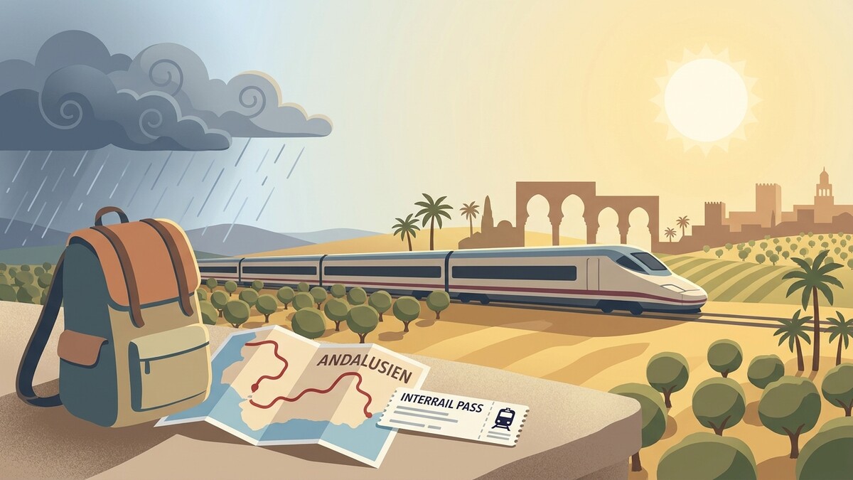 Interrail Pass und Karte für Andalusien mit Zug und Stadtansicht