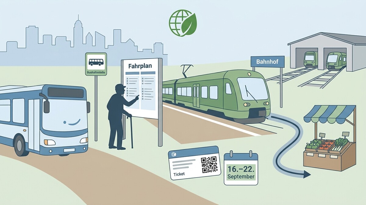 Öffentliche Verkehrsmittel: Mann am Fahrplan, Bus, Zug und Marktstand