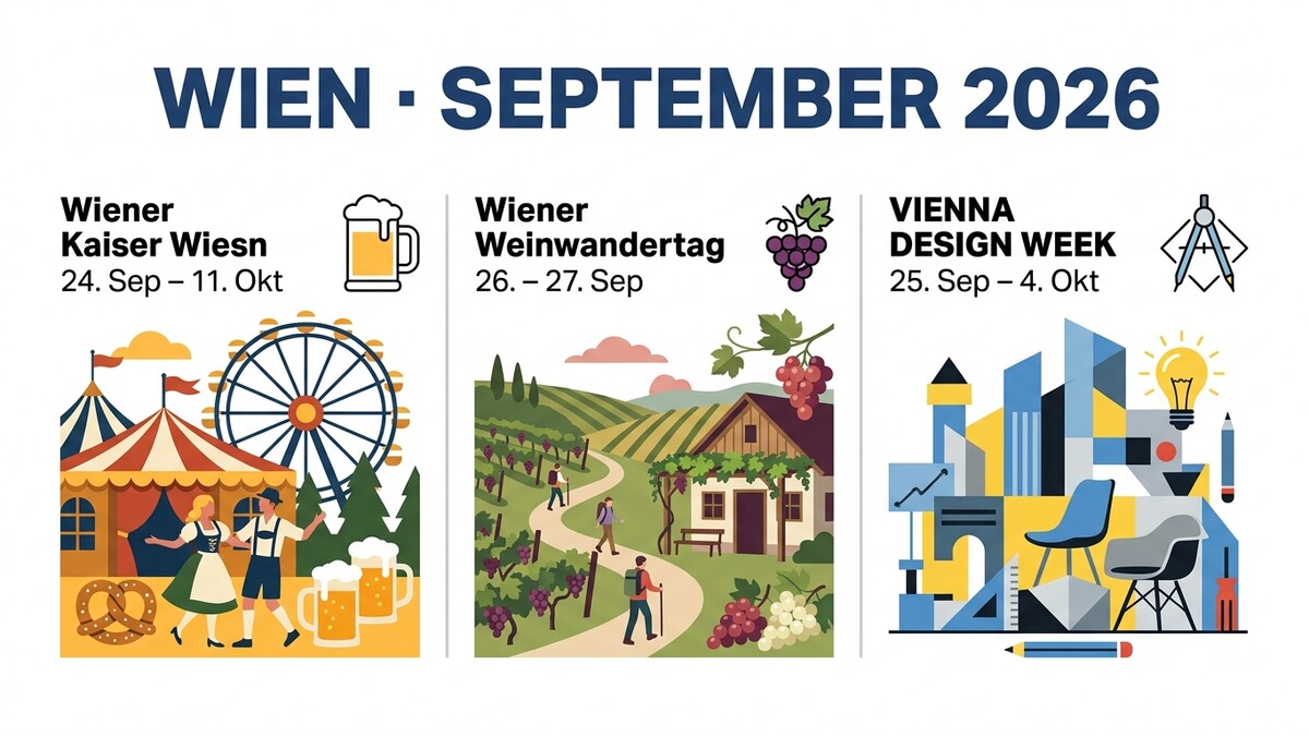 Wien September 2026: Kaiser Wiesn, Weinwandertag und Design Week mit Illustrationen.