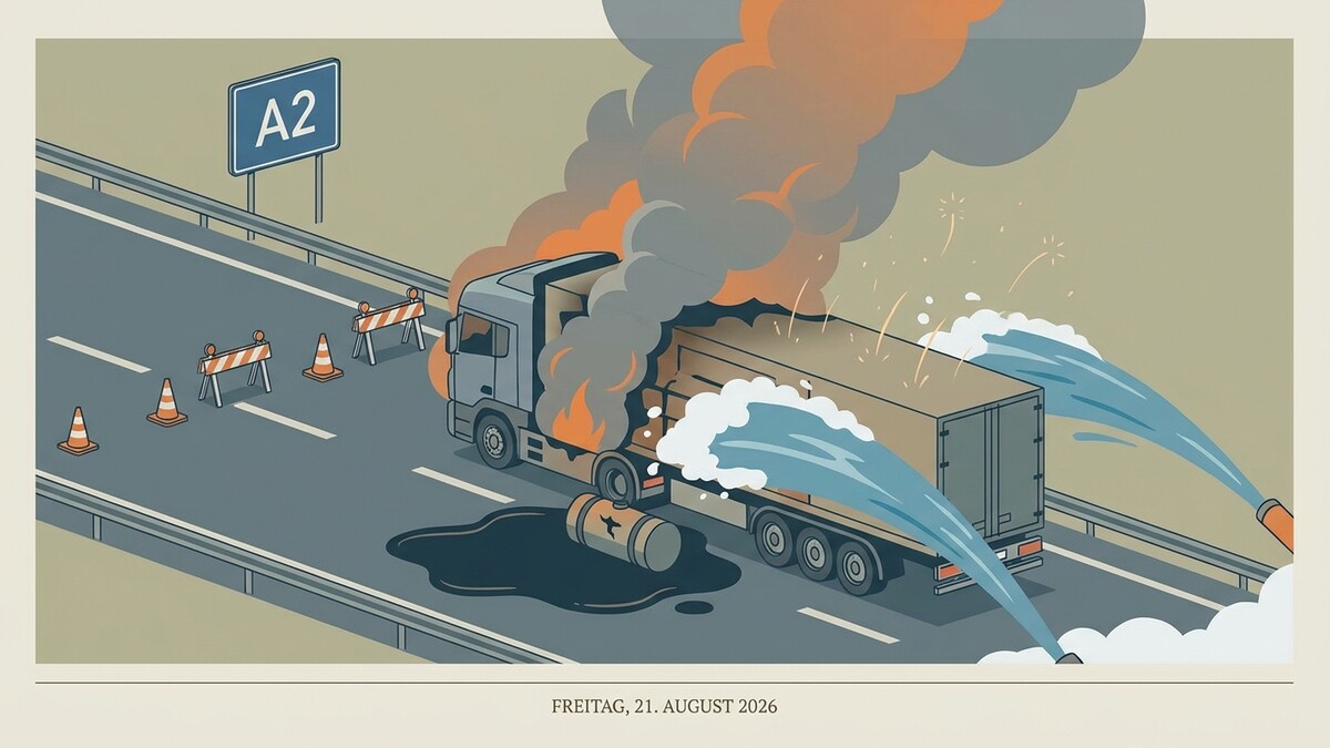 Lkw-Brand auf der A2 mit ausgelaufener Ladung und Löschversuchen.