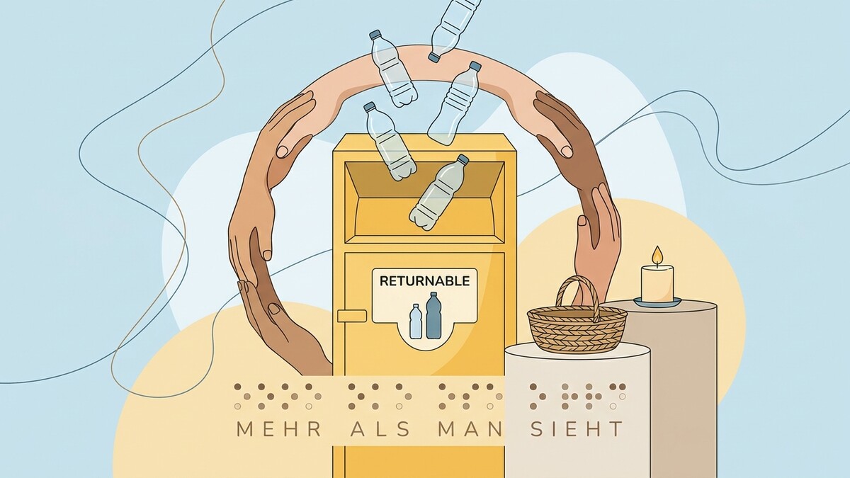Hände reichen sich über Rückgabebox für Getränkeflaschen, Kerze und Korb
