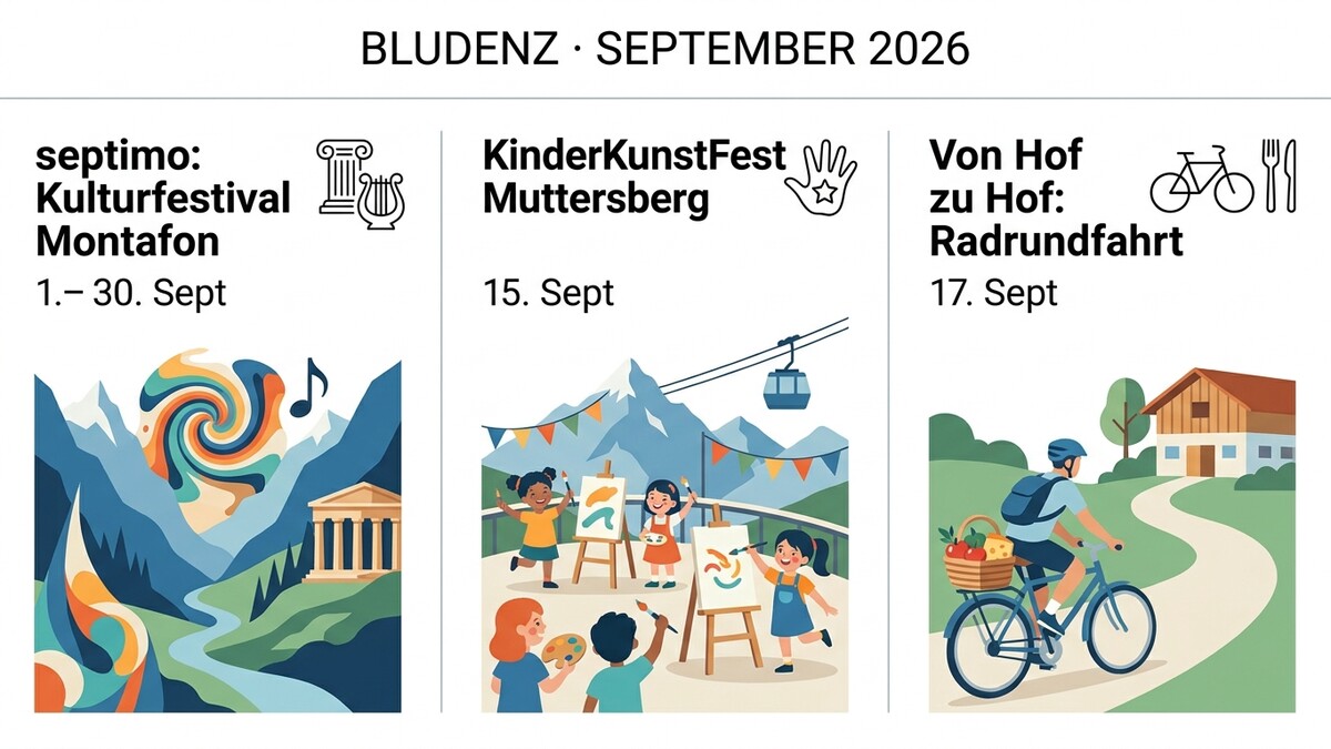 Bludenz September 2026: Septimo Kulturtourismus Montafon, KinderKunstFest Muttersberg, Radrundfahrt von Hof zu Hof