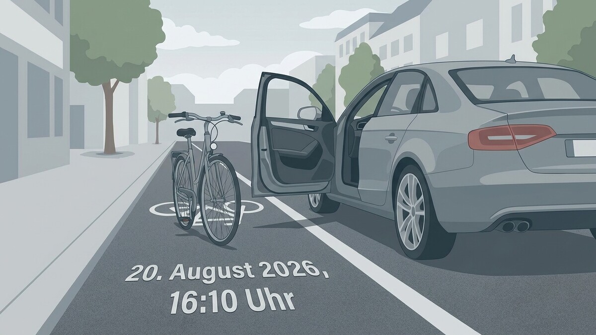 Fahrrad und offene Autotür auf Radweg am 20. August 2026, 16:10 Uhr