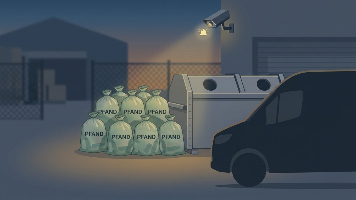 Pfandsäcke vor einem Container, daneben ein Lieferwagen, Überwachungskamera leuchtet.