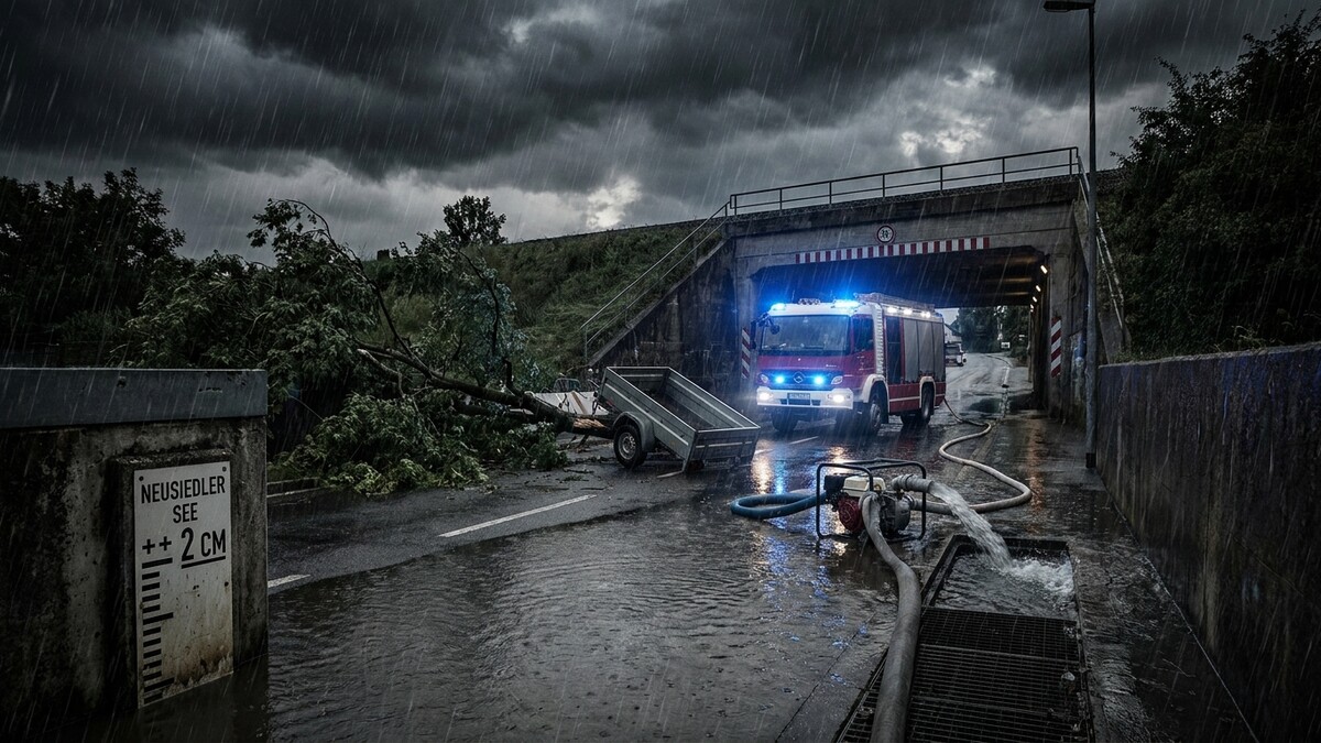 Feuerwehr pumpt bei Sturm und Starkregen unter einer Brücke Wasser ab.