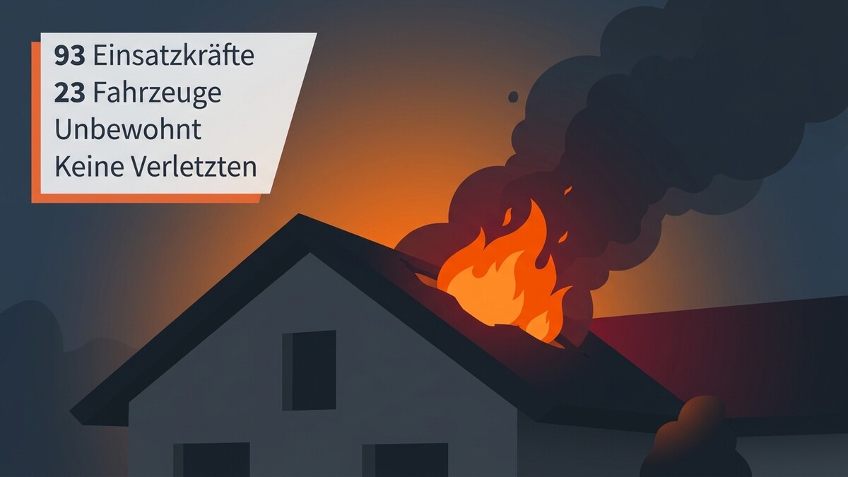Hausbrand mit 93 Einsatzkräften, 23 Fahrzeugen, unbewohnt, keine Verletzten