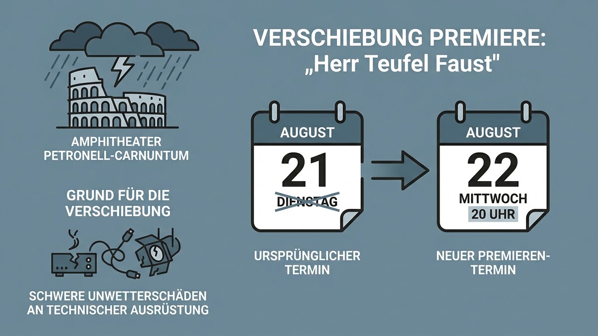 Premiere Herr Teufel Faust verschoben: Amphitheater Petronell-Carnuntum von 21. auf 22. August wegen Unwetterschäden.