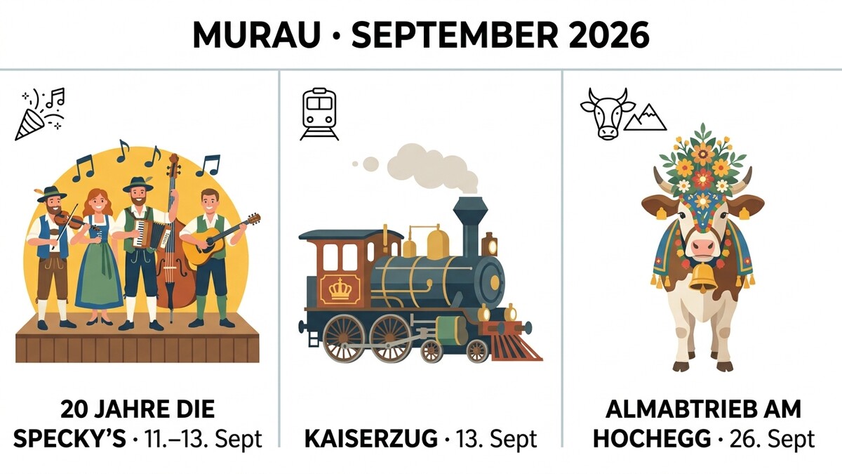 Murau September 2026: Volksmusikgruppe, Dampflok und geschmückte Kuh beim Almabtrieb