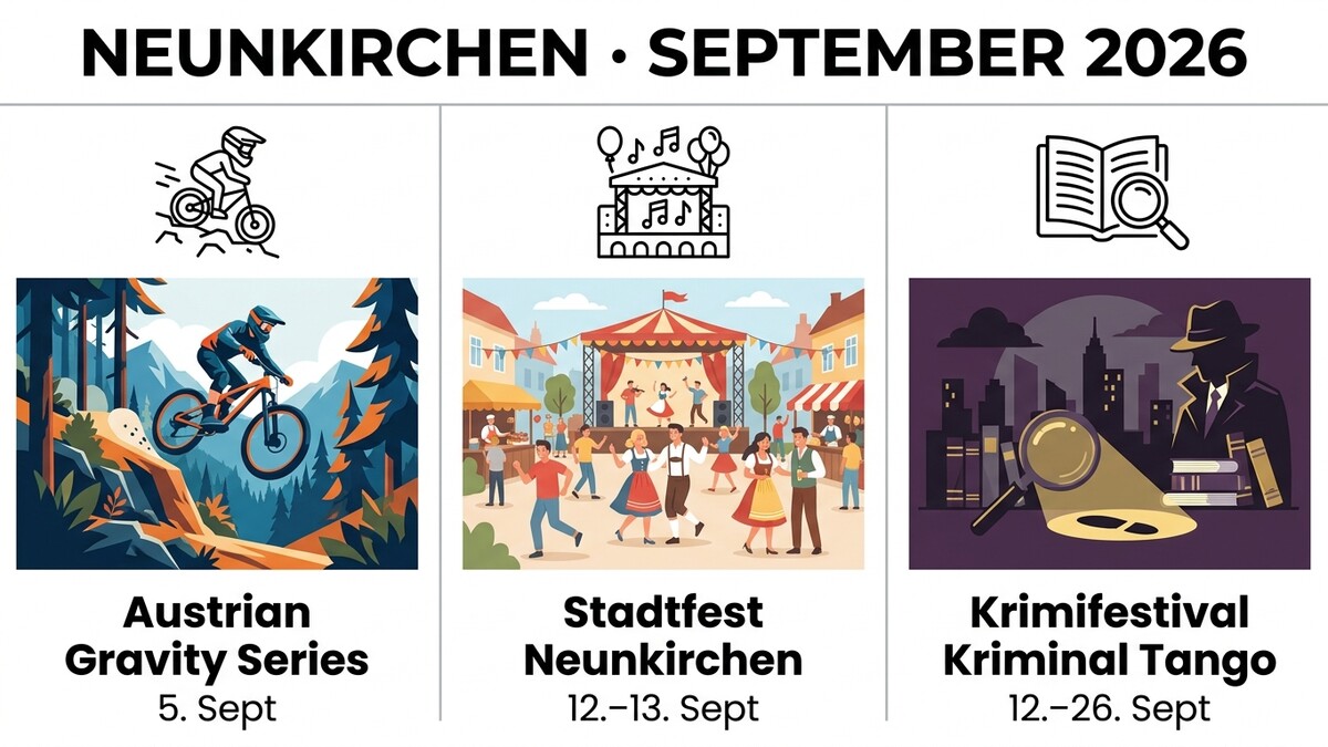 Neunkirchen September 2026: Mountainbiker bei Austrian Gravity Series, Stadtfest mit Musikbühne und Krimifestival Kriminal Tango.