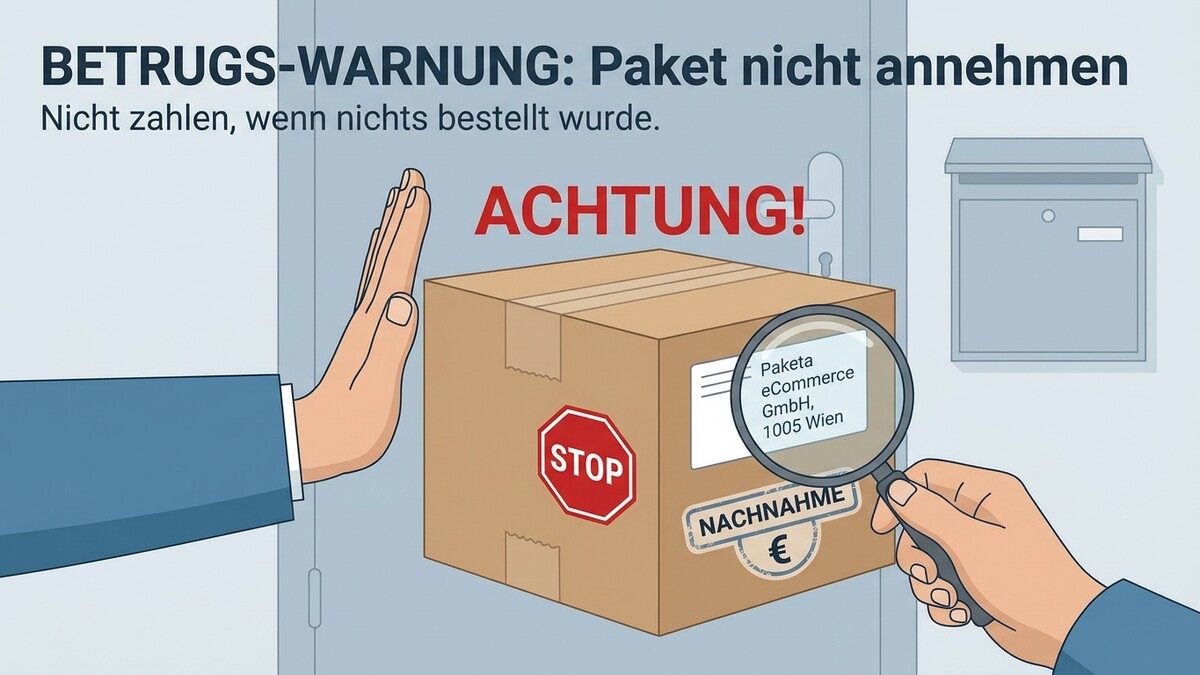 Betrugswarnung Paket: Hand stoppt Paket mit "STOP"-Siegel und Lupe auf Adresse in Wien