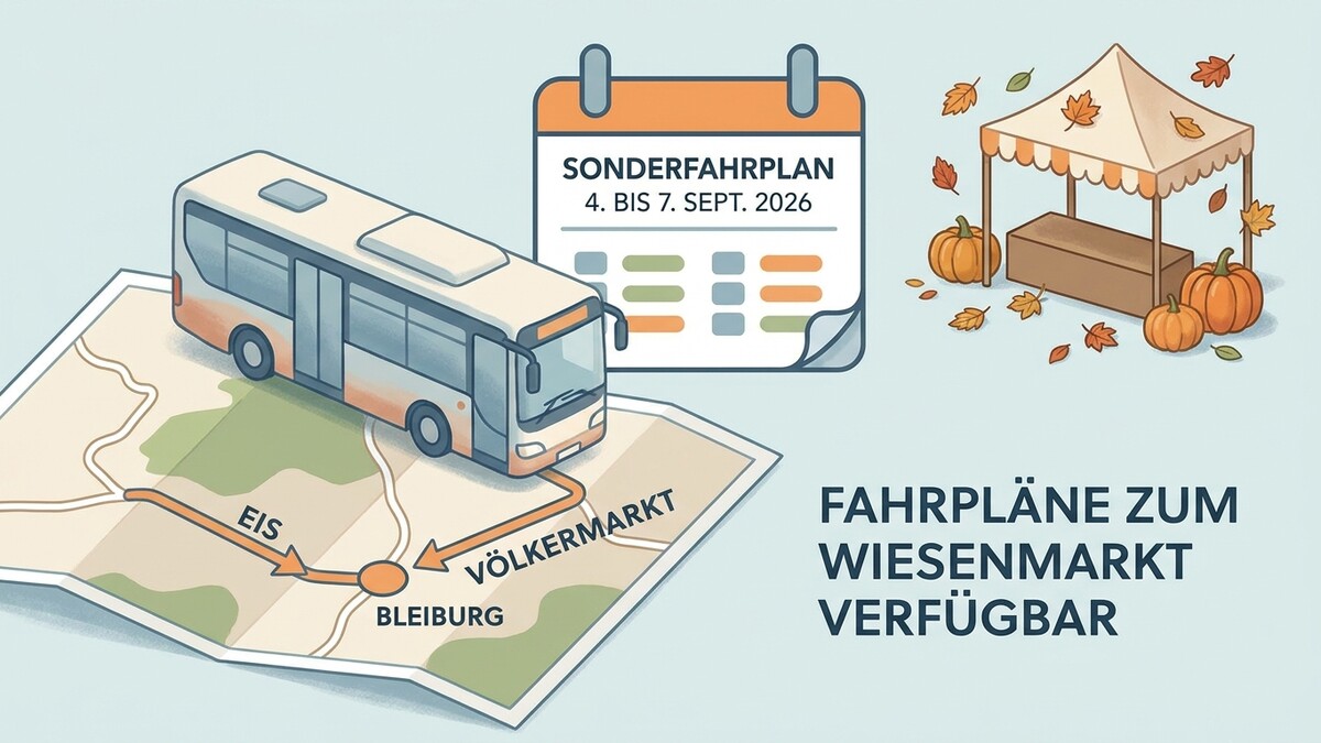 Sonderfahrplan zum Völkermarkter Wiesenmarkt mit Busroute von Bleiburg und Eis, Kalender und Kürbissen