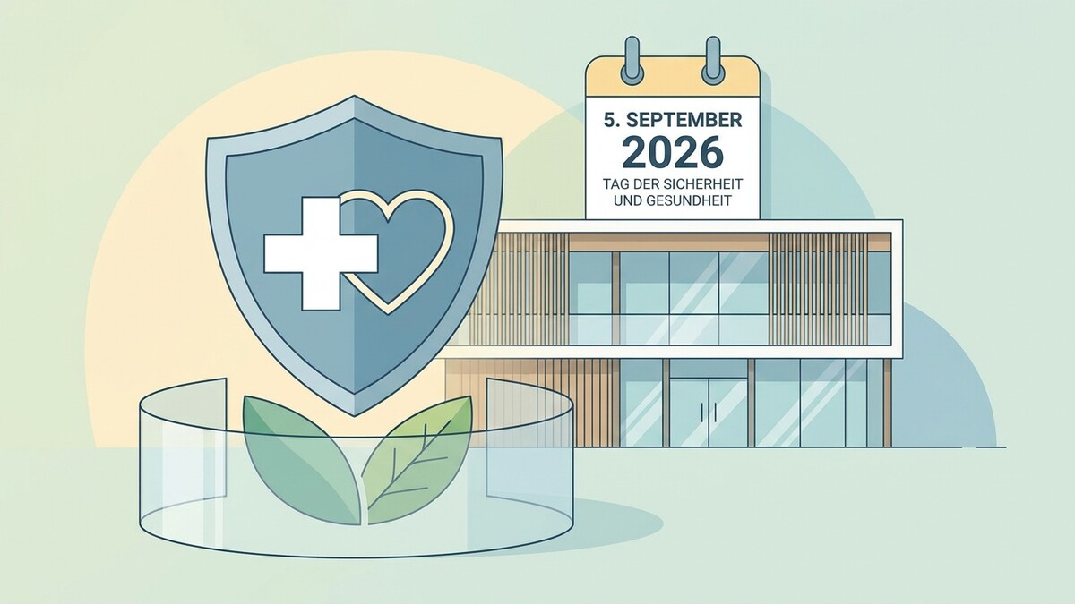 Tag der Sicherheit und Gesundheit 5. September 2026 mit Schutzschild und Gebäude