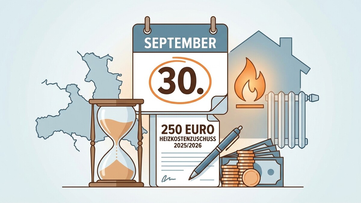 Heizkostenzuschuss 250 Euro: Kalenderblatt September 30, Sanduhr, Haus mit Heizkörper und Flamme.
