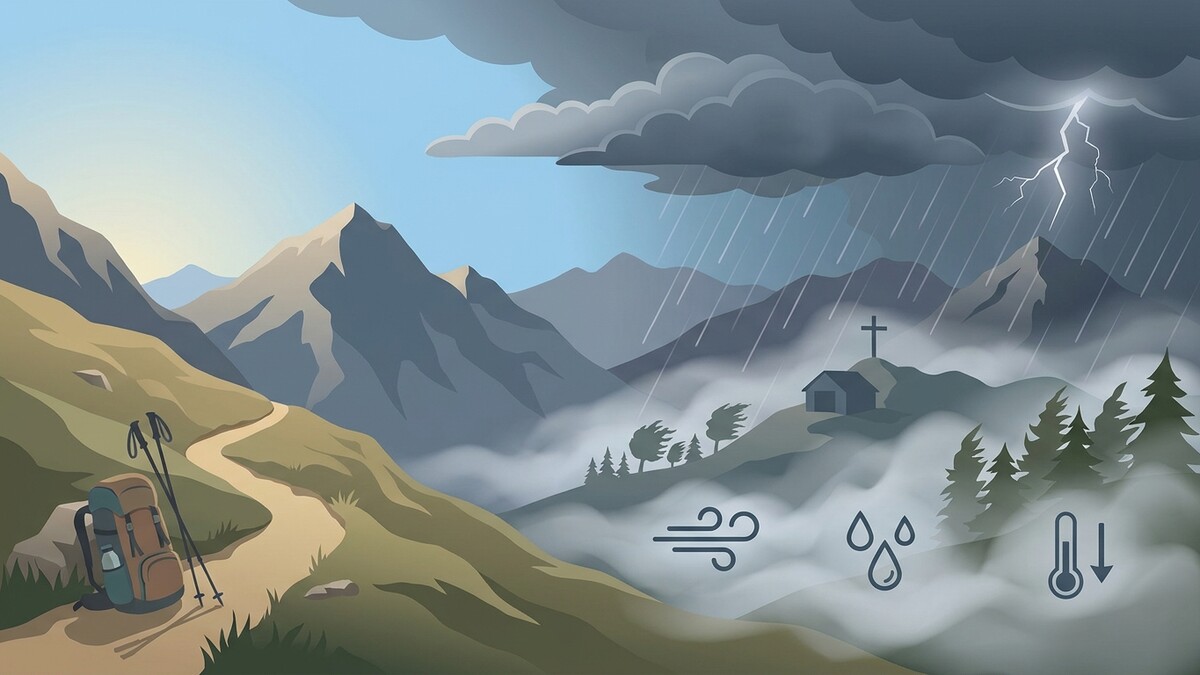 Bergwanderung mit Rucksack und Stöcken bei wechselhaftem Bergwetter mit Regen, Sturm und Gewitter